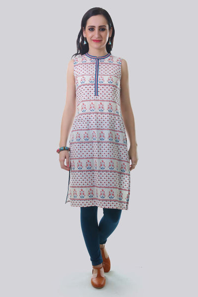 White & Red Floral Print kurta