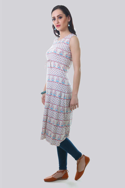 White & Red Floral Print kurta