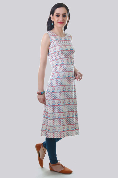 White & Red Floral Print kurta