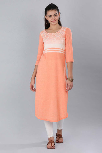 Peach Round Neck Printed kurta