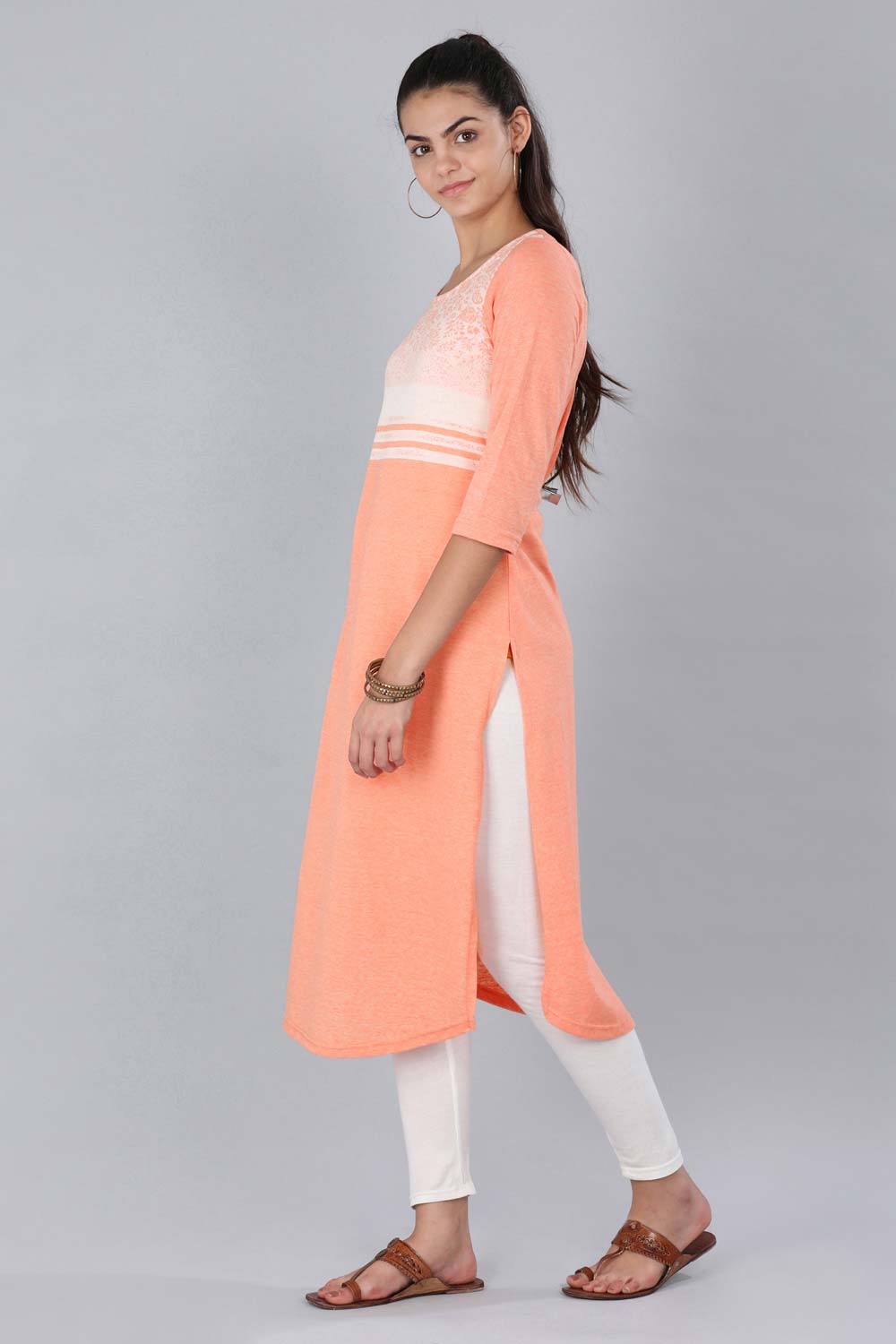 Peach Round Neck Printed kurta