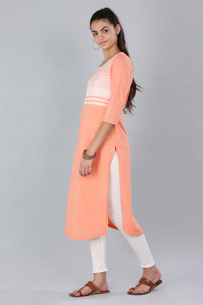 Peach Round Neck Printed kurta