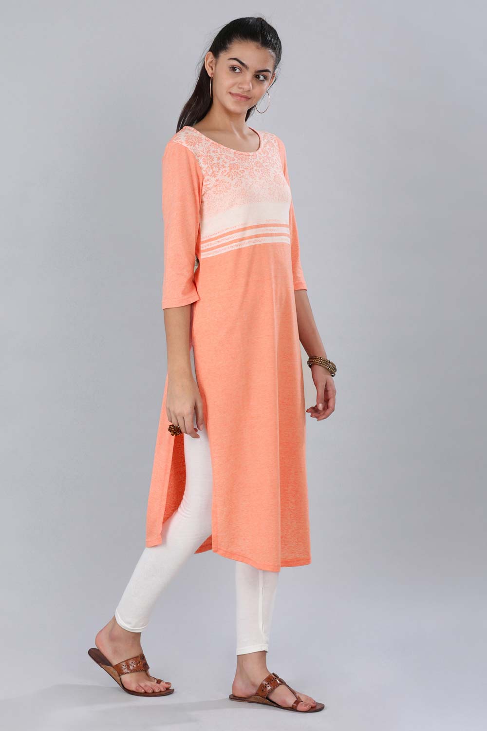 Peach Round Neck Printed kurta