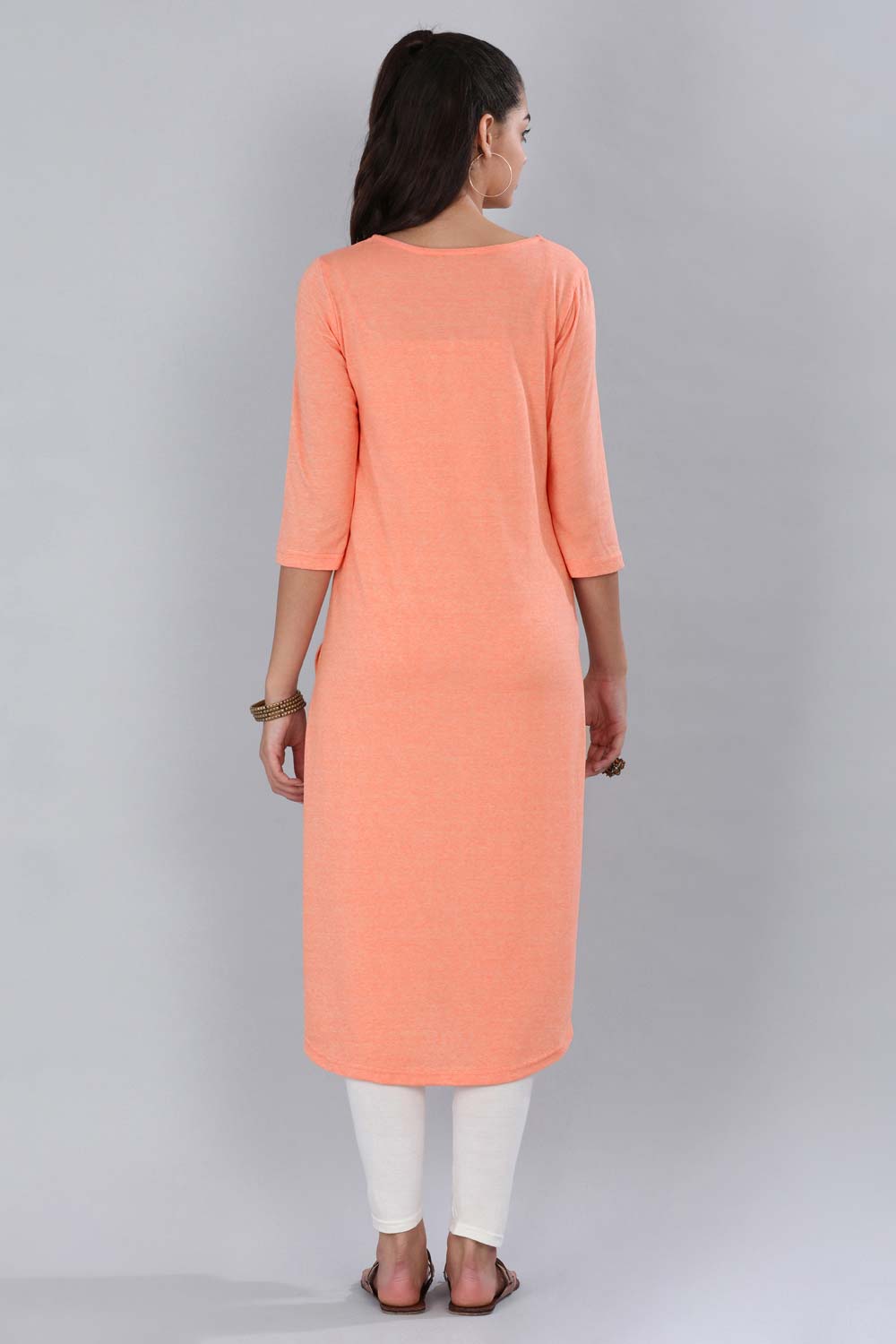 Peach Round Neck Printed kurta