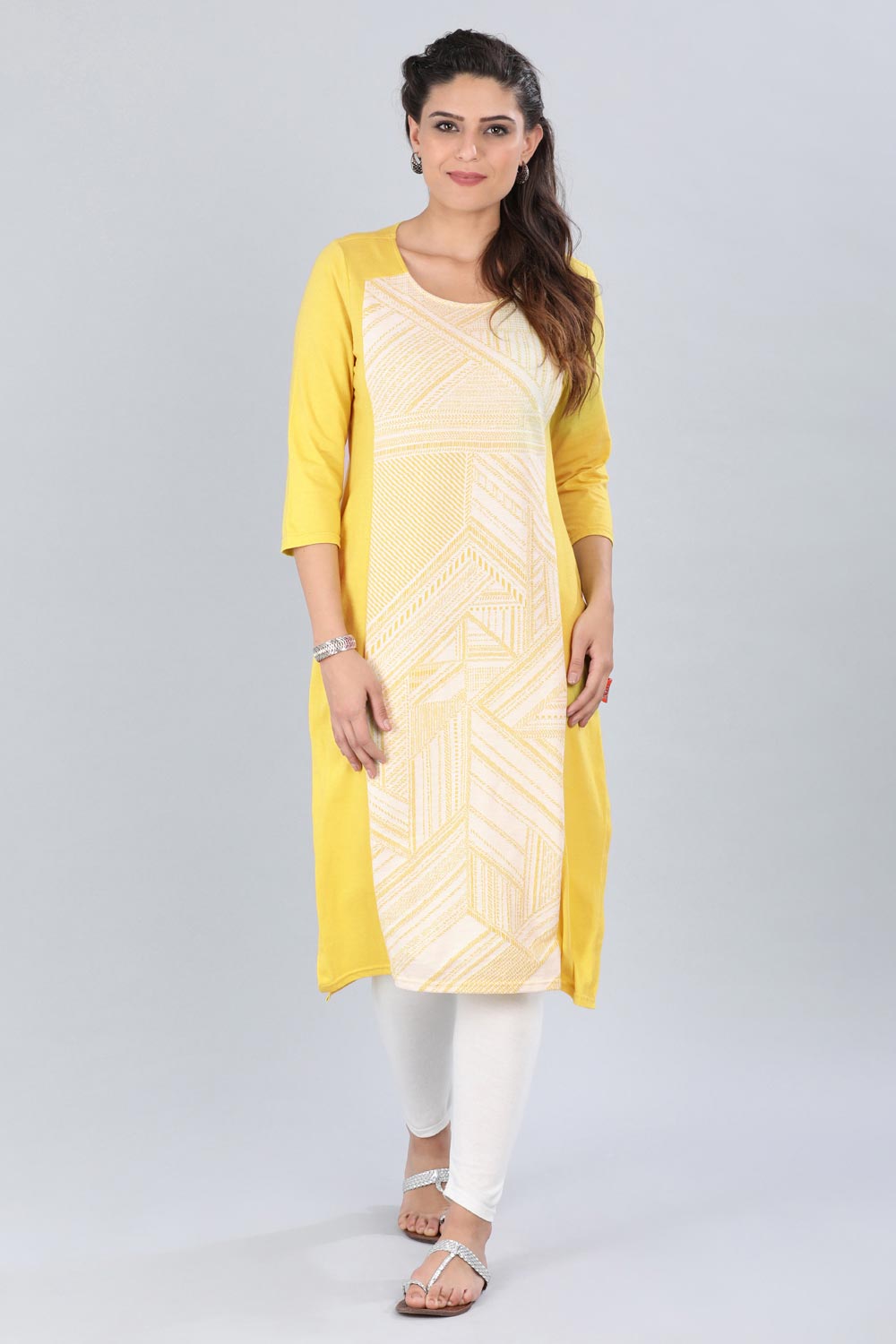 Yellow Round Neck Printed kurta