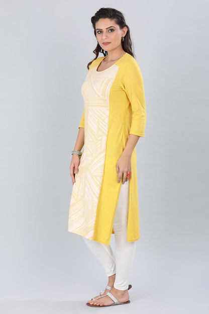 Yellow Round Neck Printed kurta