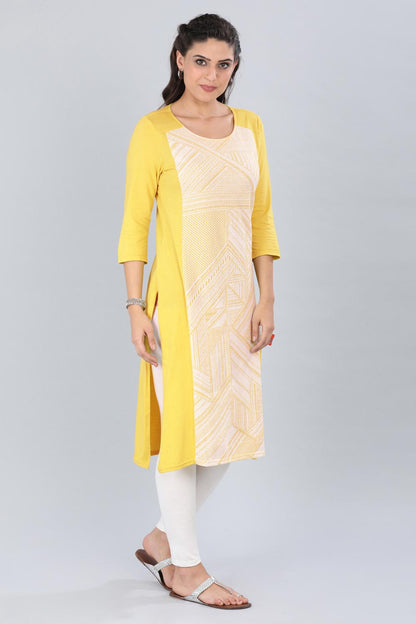 Yellow Round Neck Printed kurta