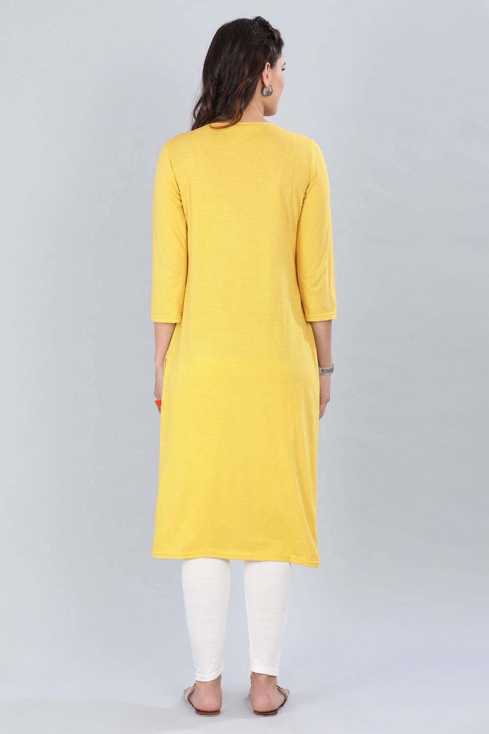 Yellow Round Neck Printed kurta