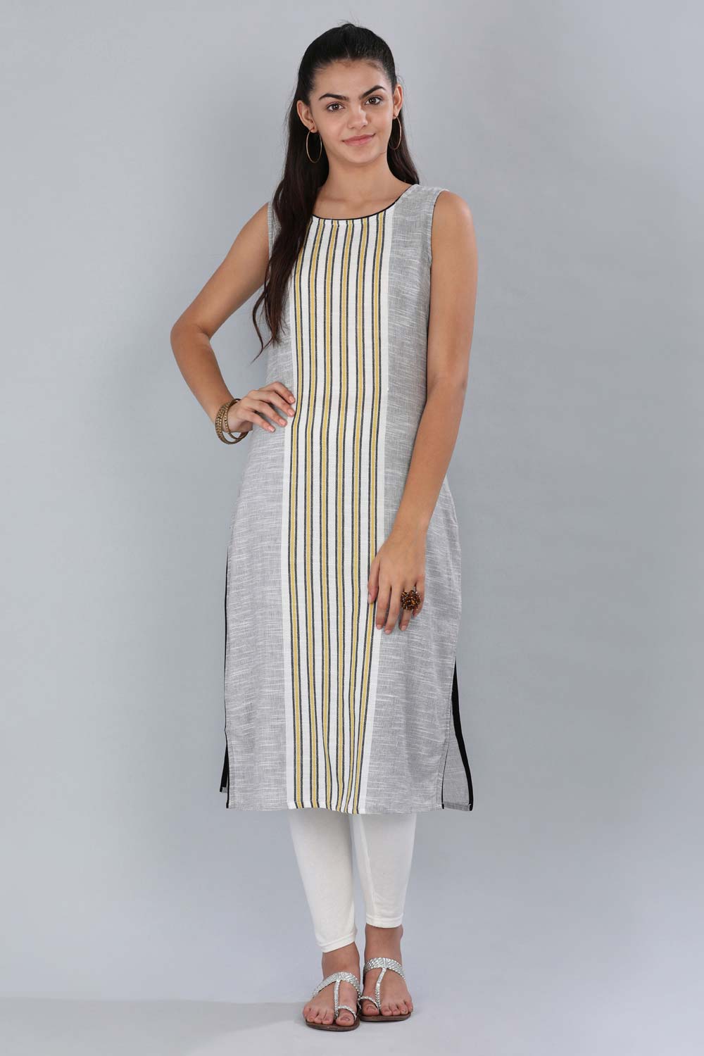 Grey Round Neck Striped kurta