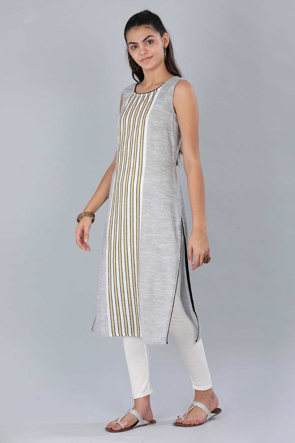 Grey Round Neck Striped kurta