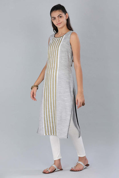 Grey Round Neck Striped kurta