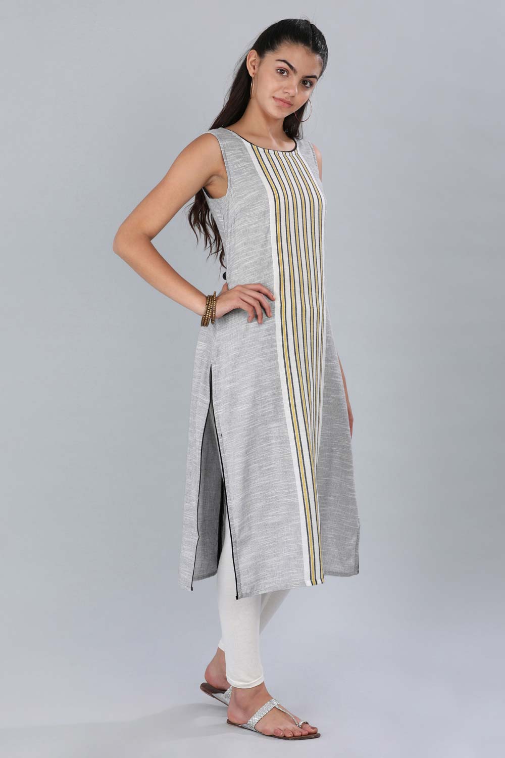 Grey Round Neck Striped kurta