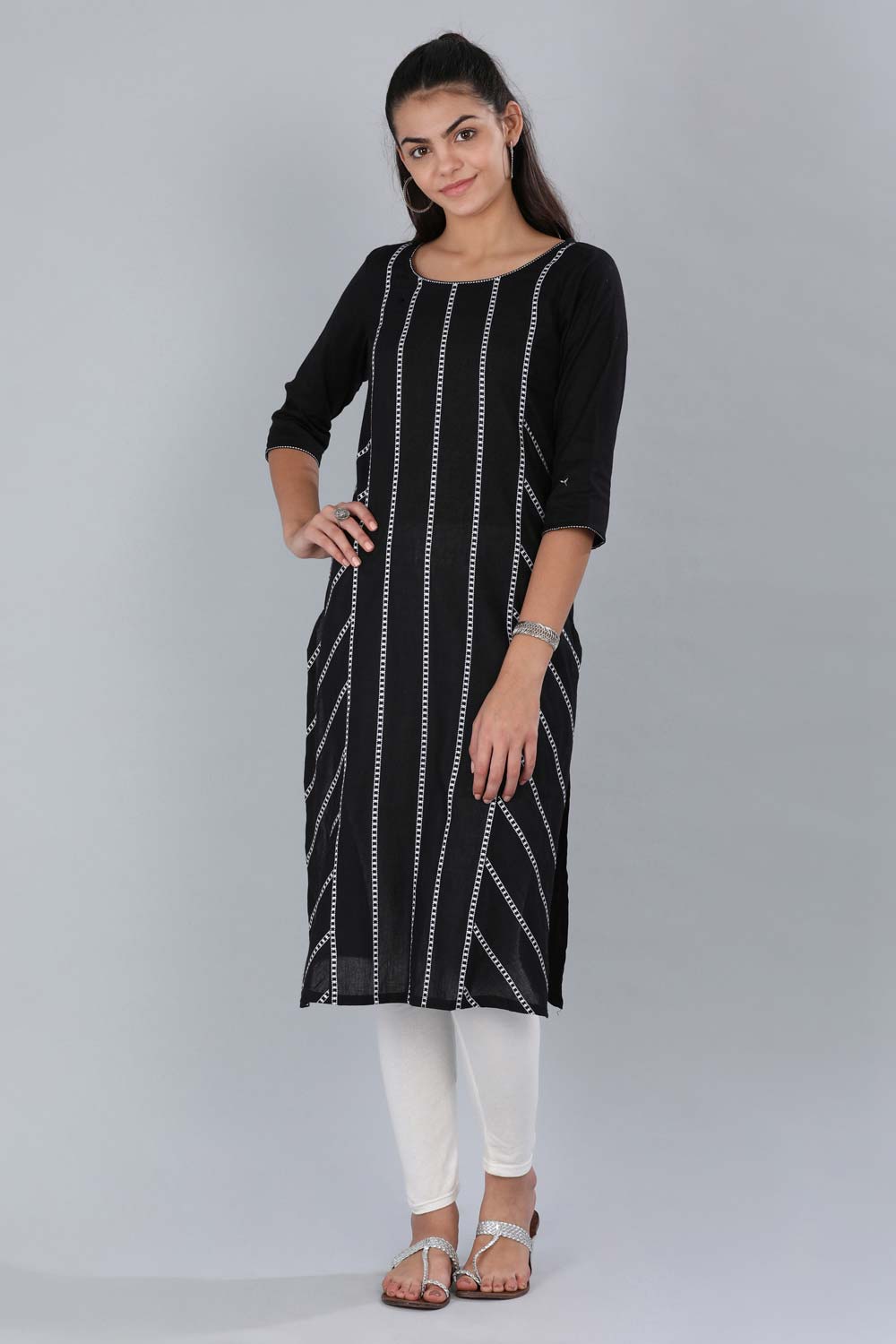 Black Round Neck Printed kurta