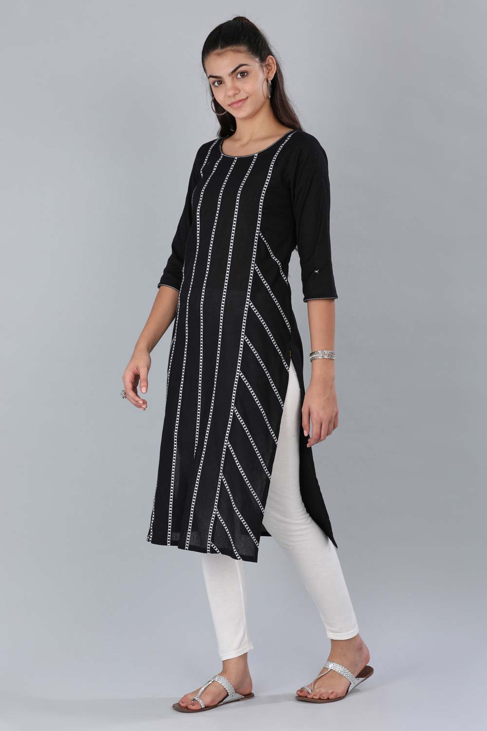 Black Round Neck Printed kurta