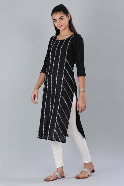 Black Round Neck Printed kurta