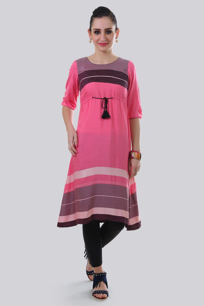 Pink Round Neck Tie-Up kurta