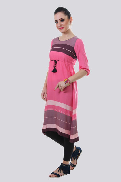Pink Round Neck Tie-Up kurta