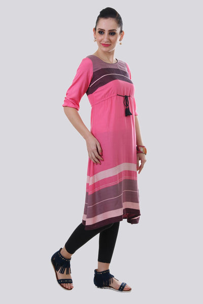 Pink Round Neck Tie-Up kurta