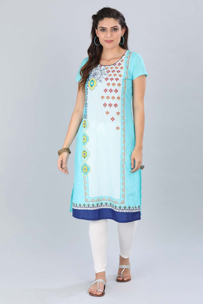 Blue Round Neck Printed kurta