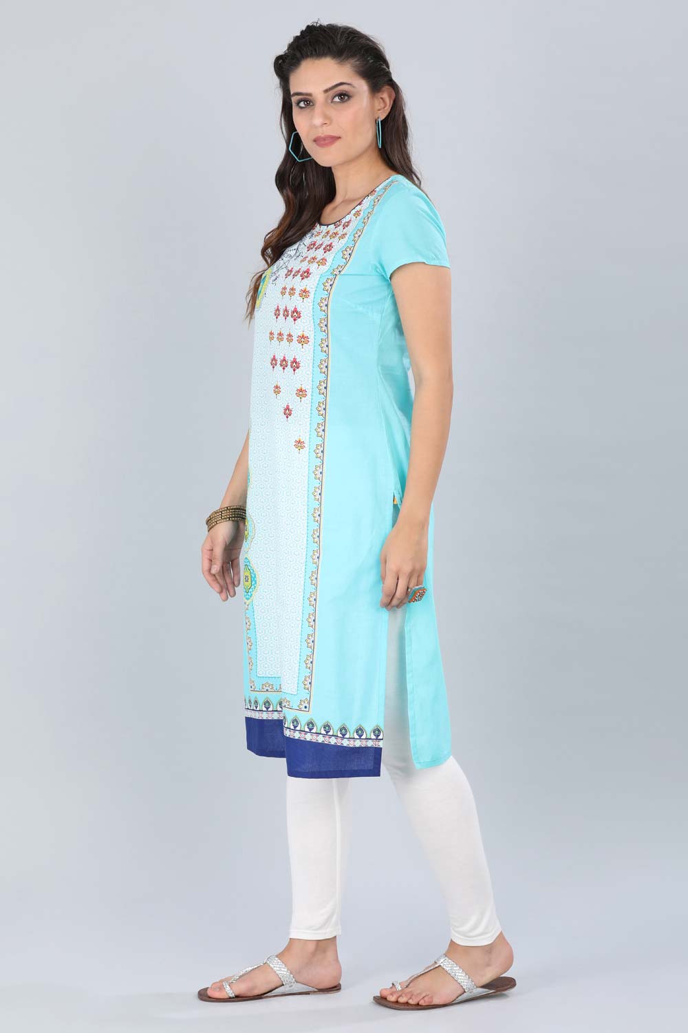 Blue Round Neck Printed kurta