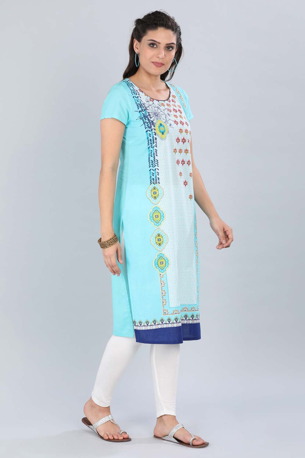Blue Round Neck Printed kurta