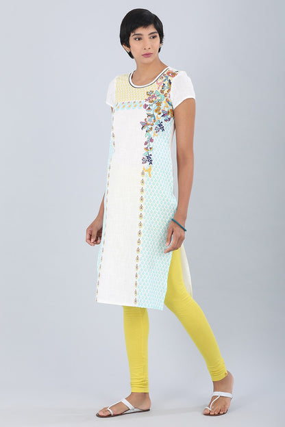 White Round Neck Printed kurta