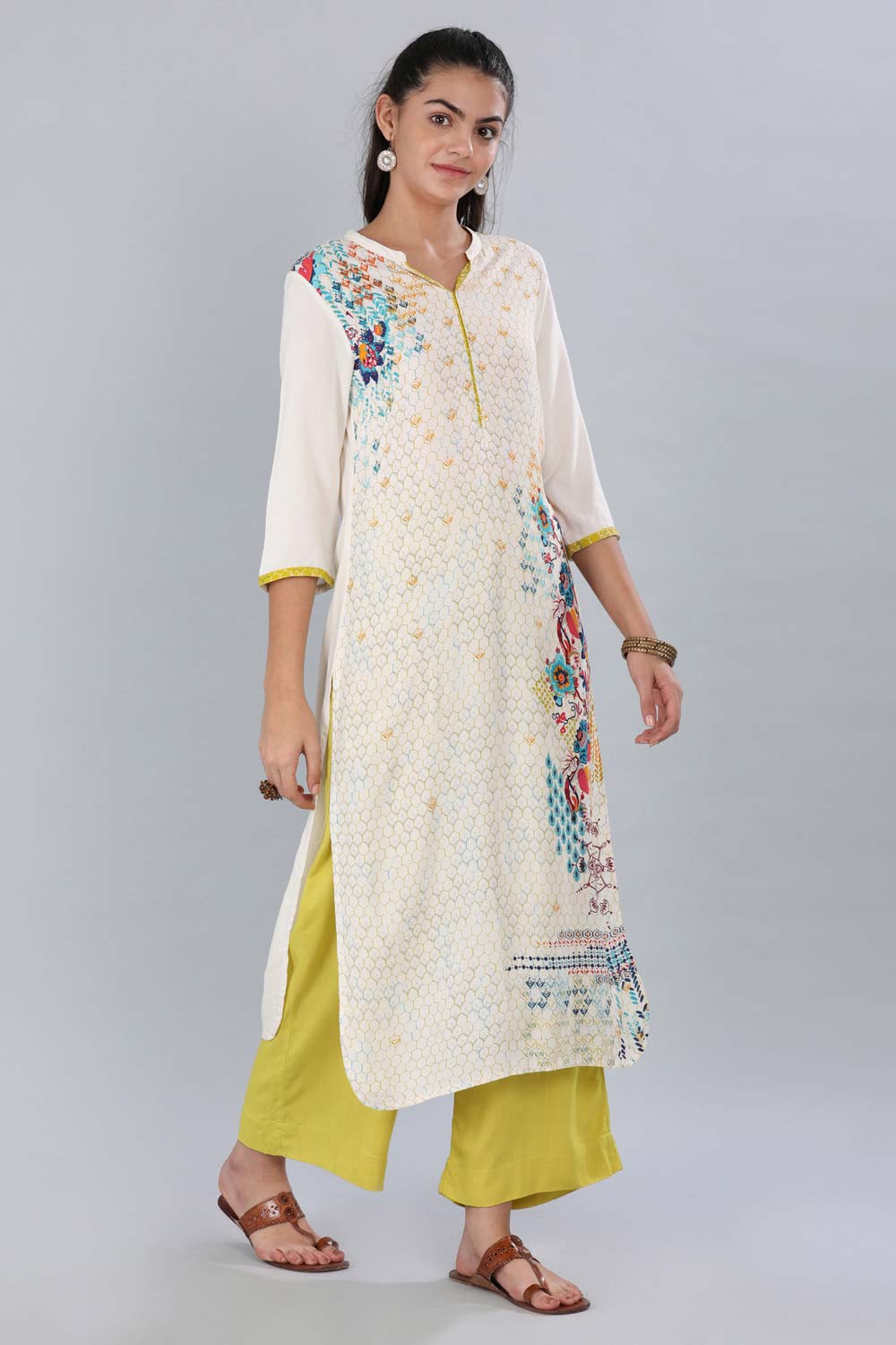 White Mandarin Neck Printed kurta