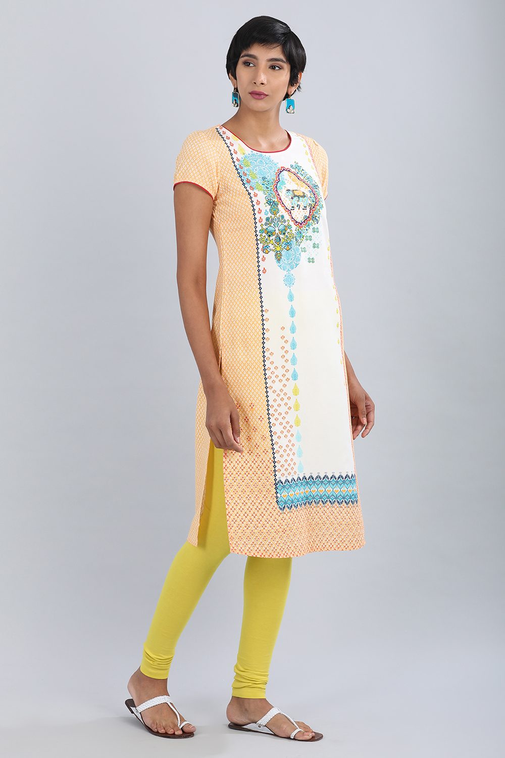 Orange Round Neck Printed kurta