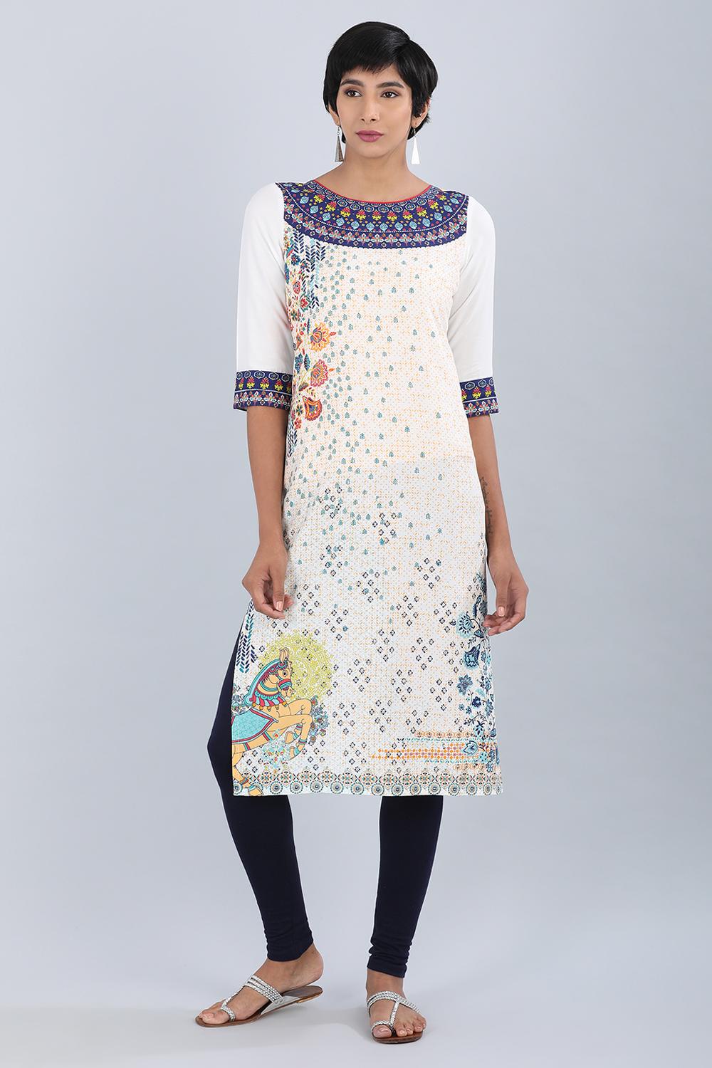 White &amp; Blue Round Neck Printed kurta