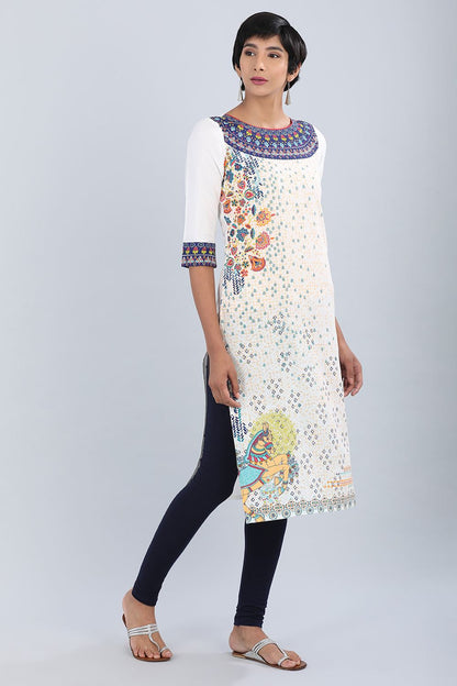 White &amp; Blue Round Neck Printed kurta