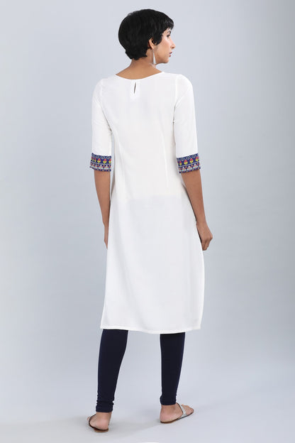 White &amp; Blue Round Neck Printed kurta