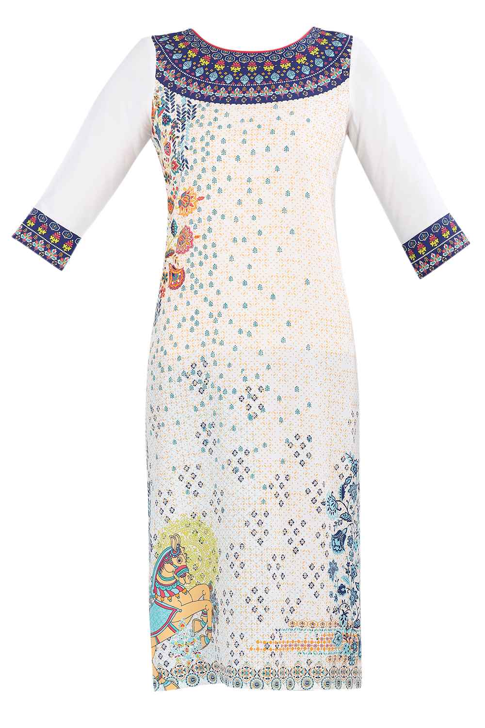 White &amp; Blue Round Neck Printed kurta