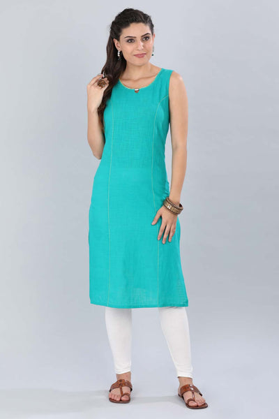 Teal Green Round Neck Solid kurta