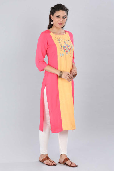 Peach Round Neck Printed kurta