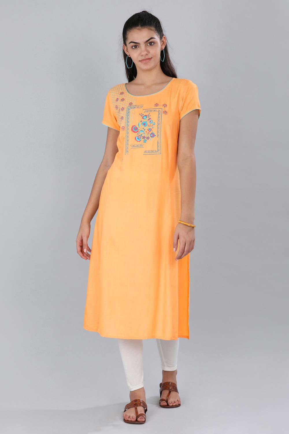 Orange Mandarin Neck Printed kurta