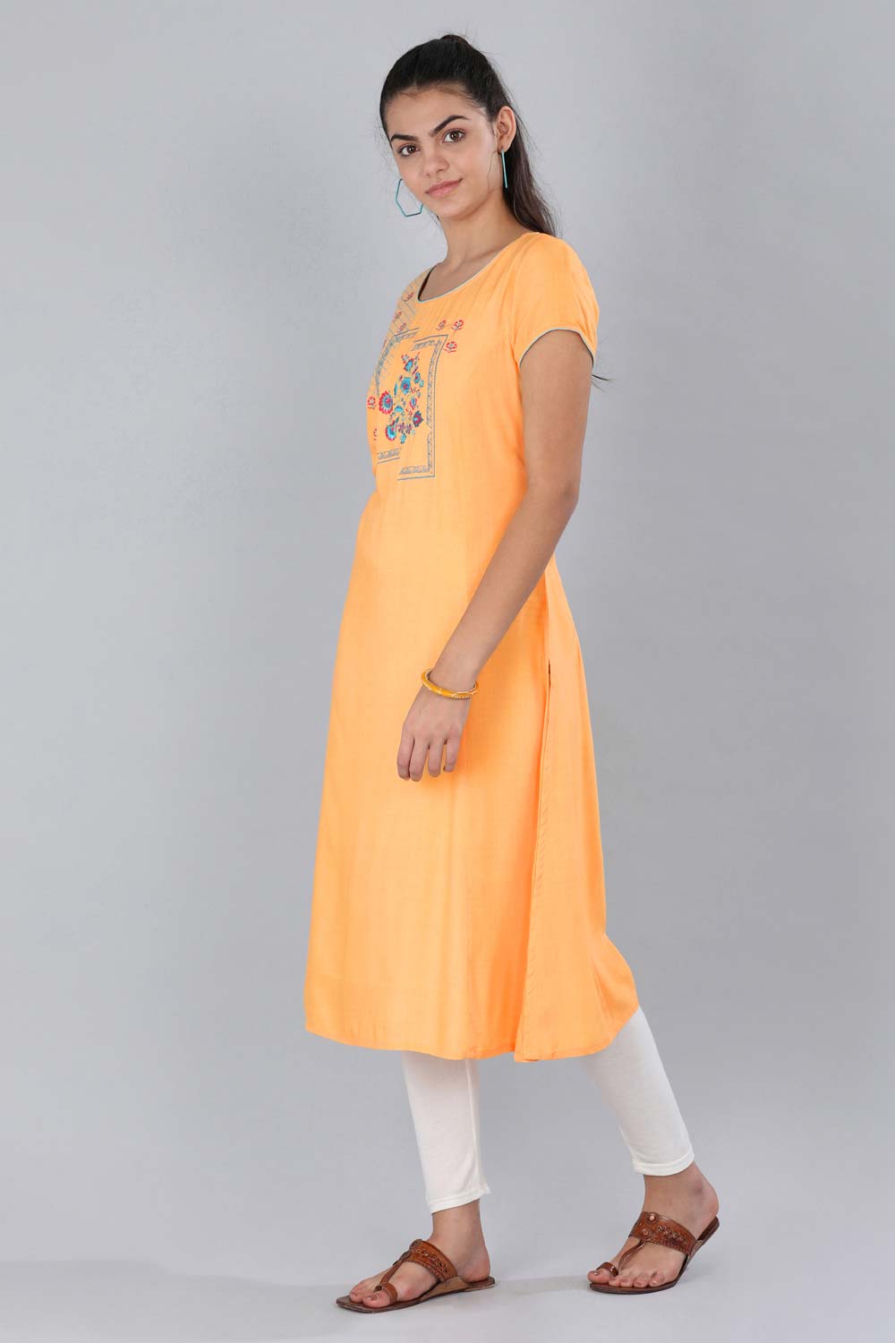 Orange Mandarin Neck Printed kurta