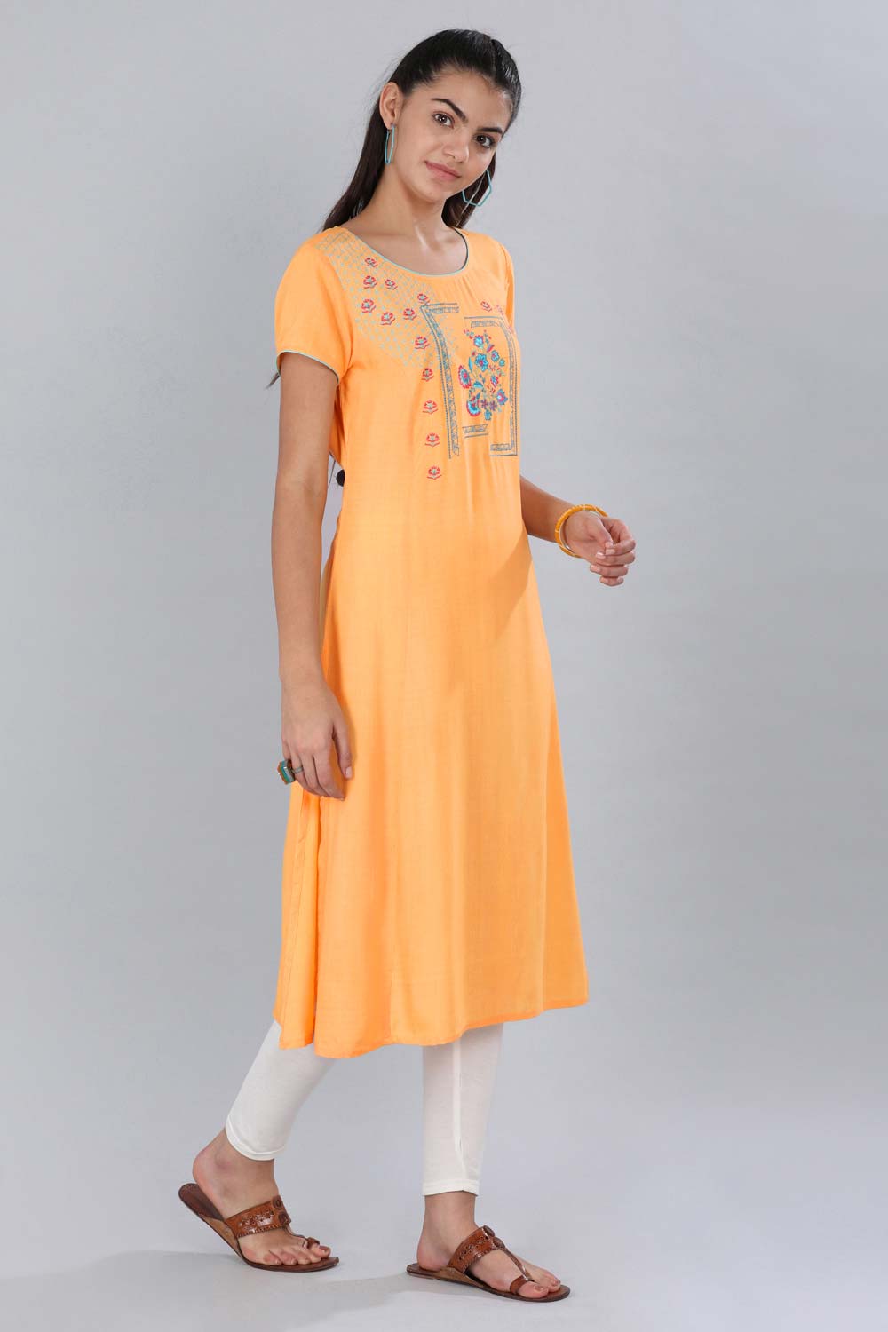 Orange Mandarin Neck Printed kurta