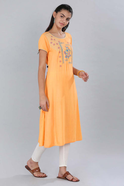 Orange Mandarin Neck Printed kurta