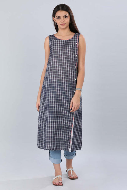 Blue Round Neck Checkered kurta