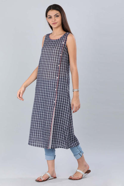 Blue Round Neck Checkered kurta