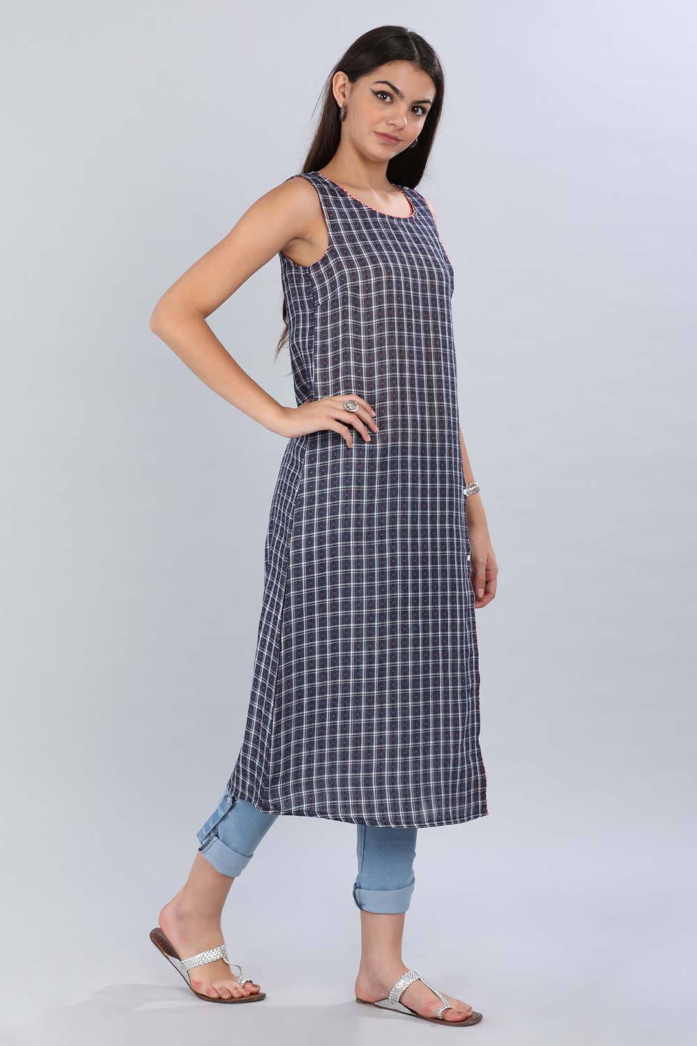 Blue Round Neck Checkered kurta