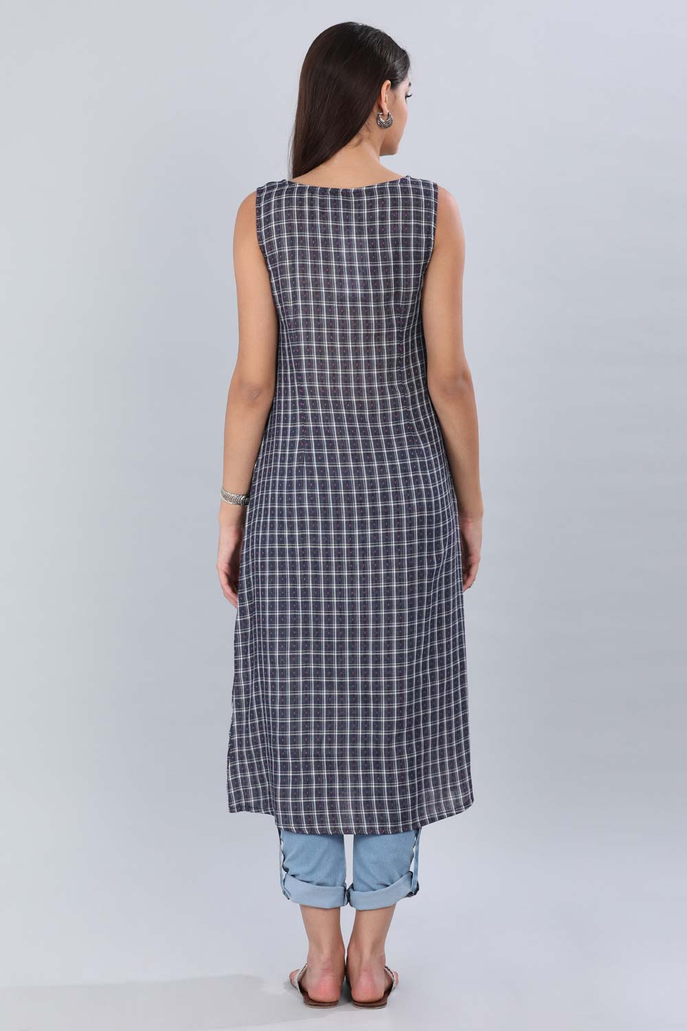 Blue Round Neck Checkered kurta