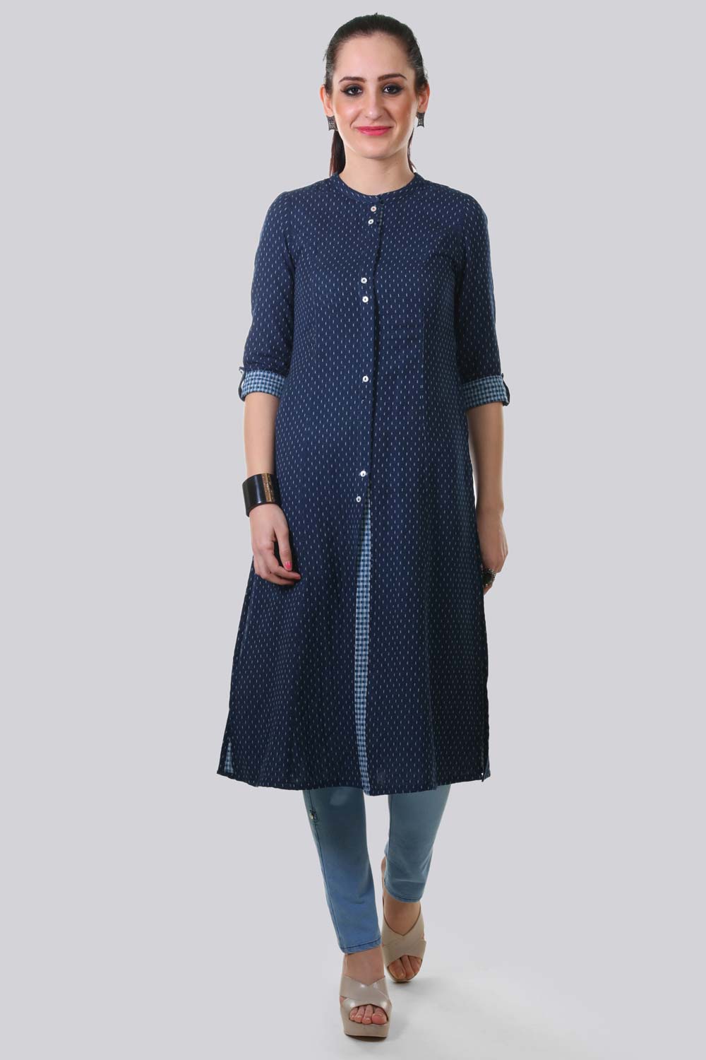 Blue Mandarin Neck Printed kurta