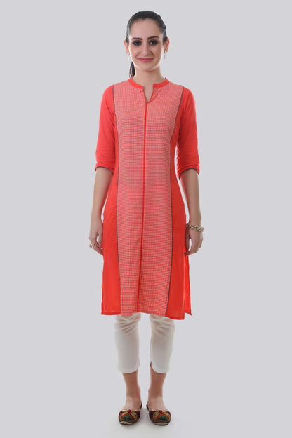 Orange Mandarin Neck Checkered kurta