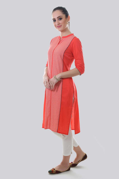 Orange Mandarin Neck Checkered kurta