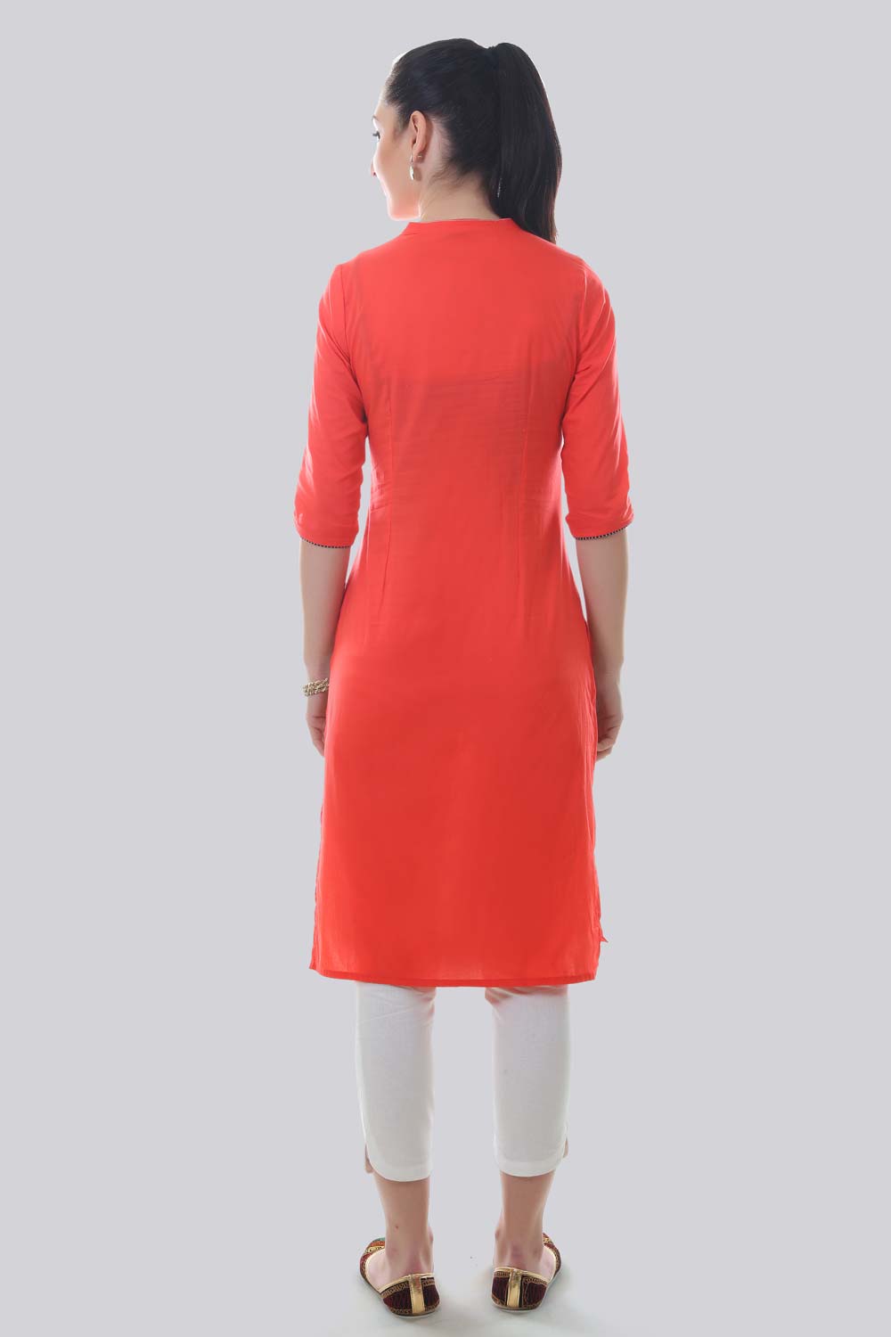 Orange Mandarin Neck Checkered kurta