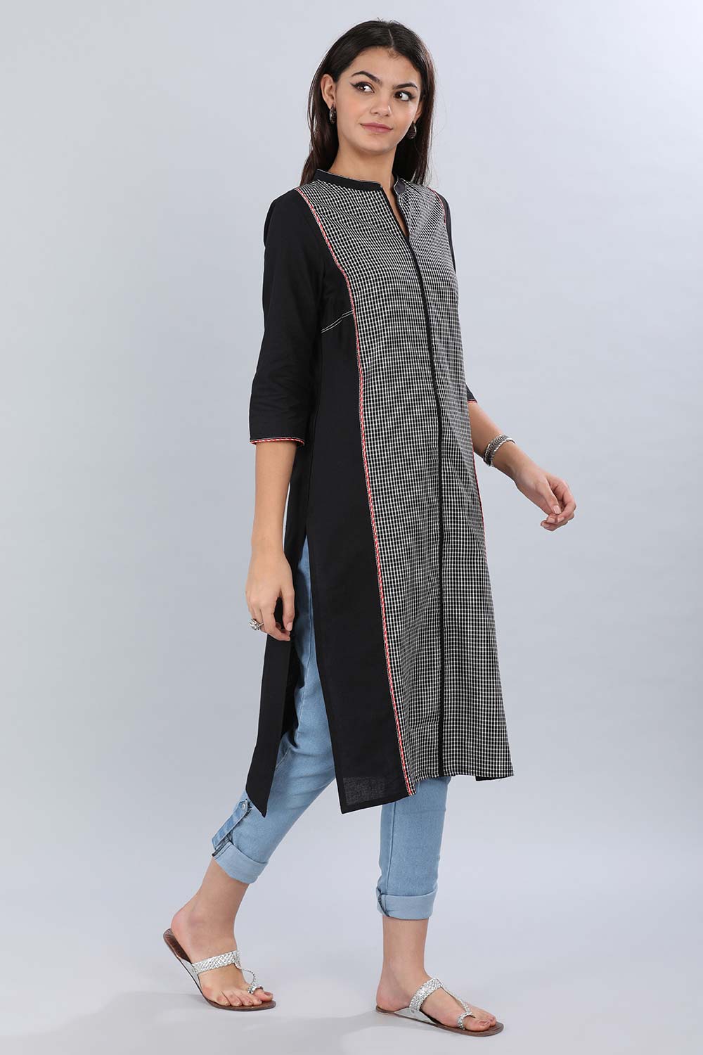 Black Mandarin Neck Checkered kurta