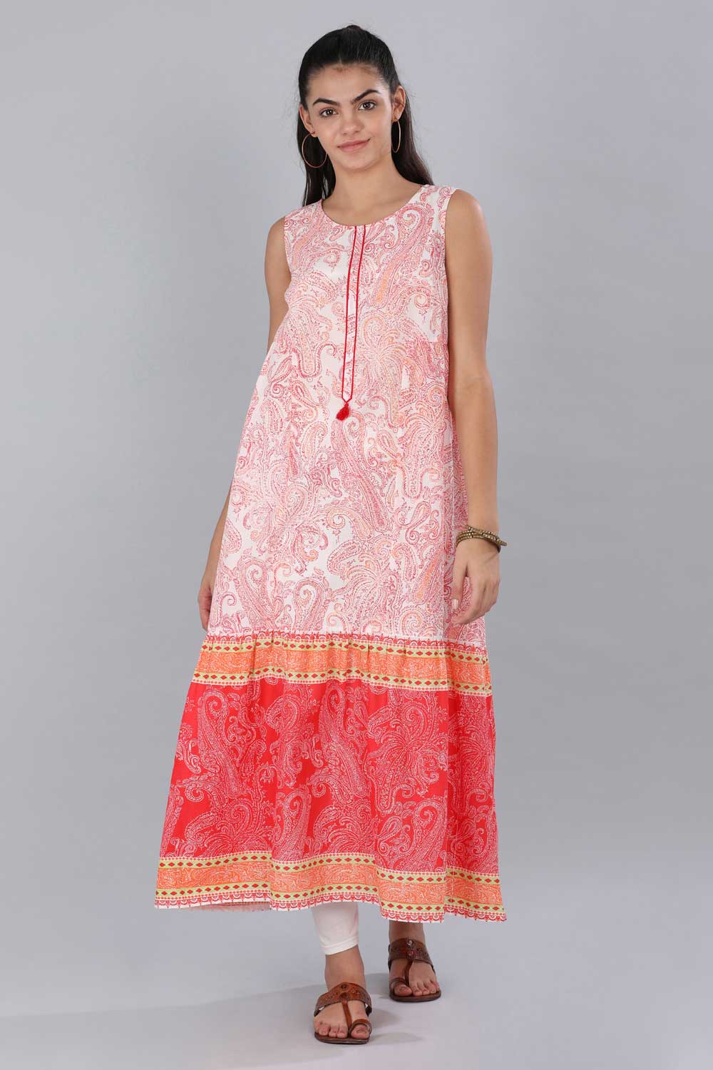 Red &amp; White Round Neck Printed kurta