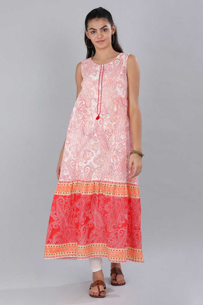 Red &amp; White Round Neck Printed kurta