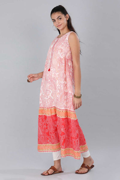 Red & White Round Neck Printed kurta